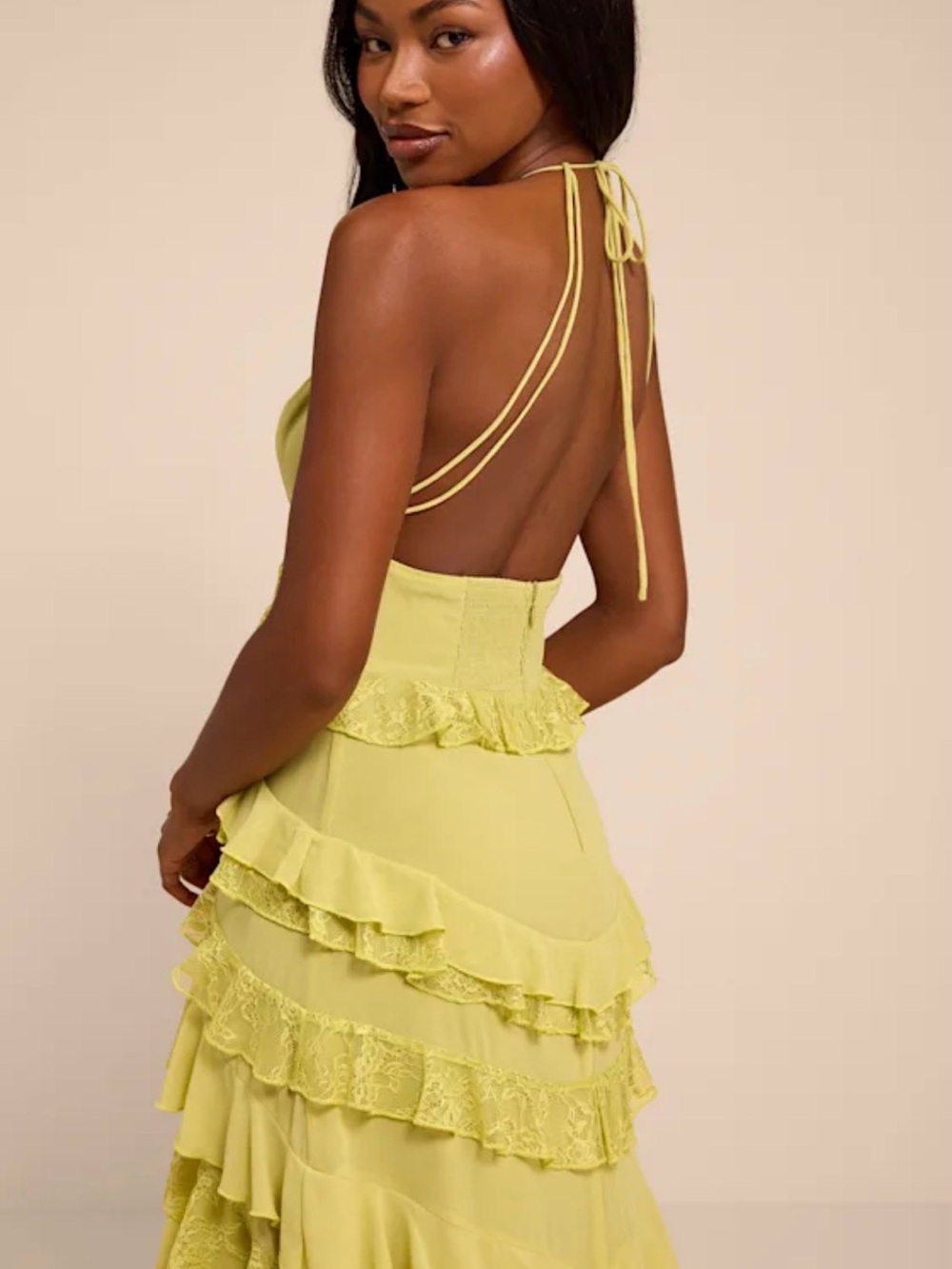 Lulus - NEW- “Melena Chartreuse Ruffled Lace Midi Dress Green” - Size L - Picture 5 of 5